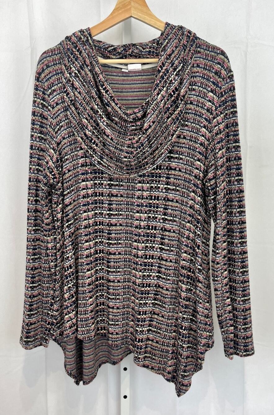 TIANELLO Toni Cowl Tunic Top Long Sleeve Pullover Stretch Knit Multicolor XL